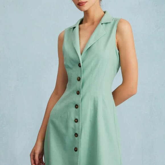 NWT RIHOAS Green Lapel Button-up Sleeveless Mini Dress Size Small - Picture 1 of 7